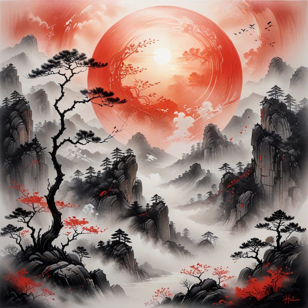 Mystical Ink Painting of Mountain Balloon