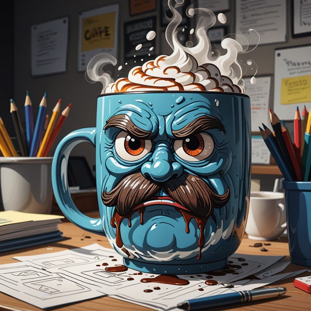 Grumpy Coffee Mug on Cluttered Desk in Cartoon Style