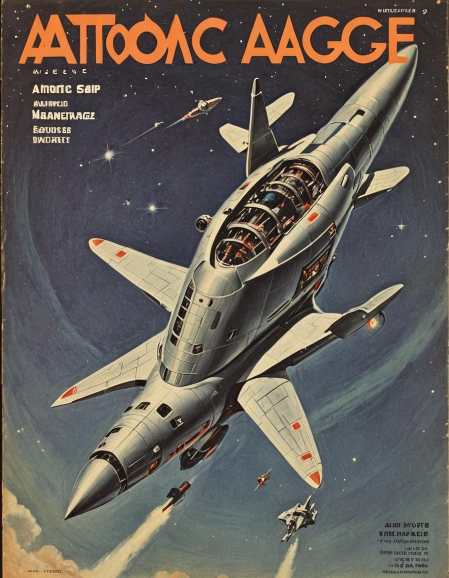 atomic space age magazine cover, auger shaped spaceship