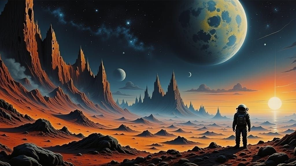 Astronaut on Desolate Moonscape in Futuristic Style