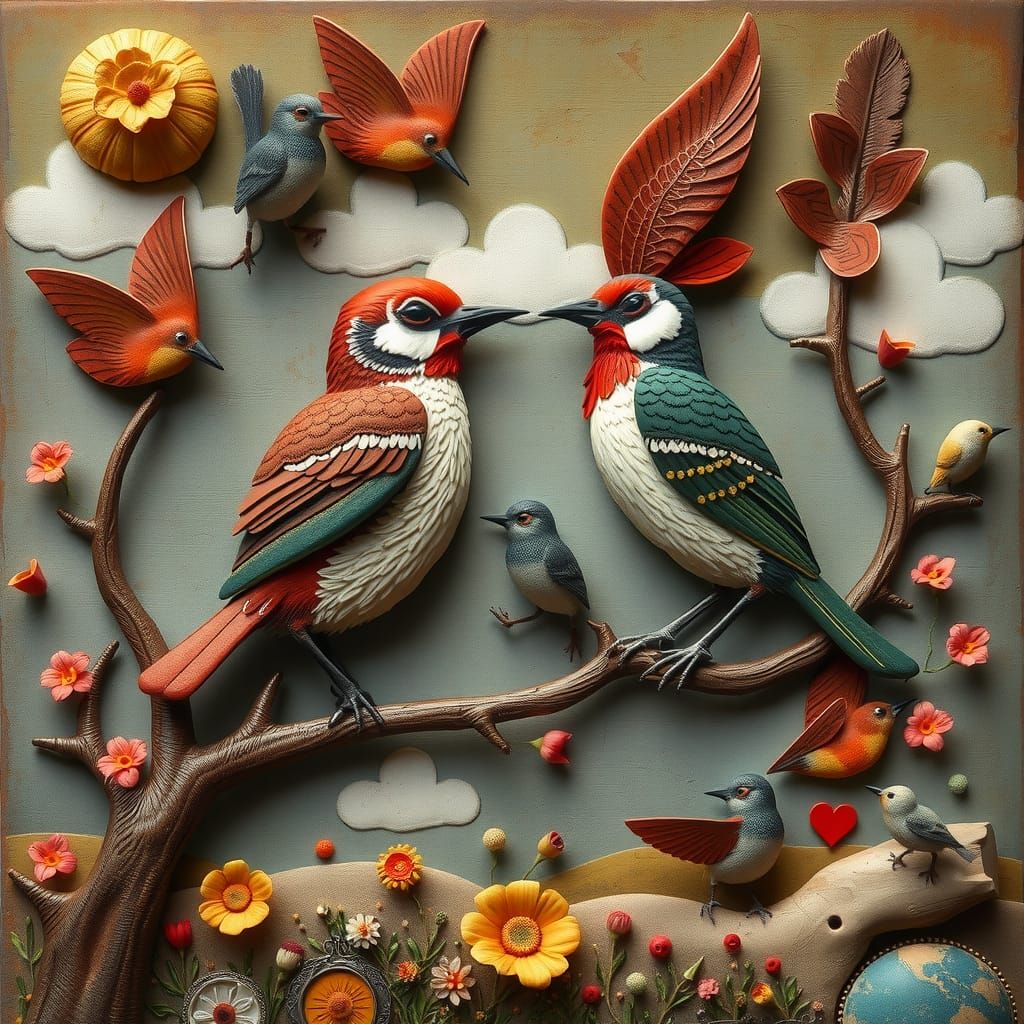 Whimsical 3D Birds in Folk Art Style