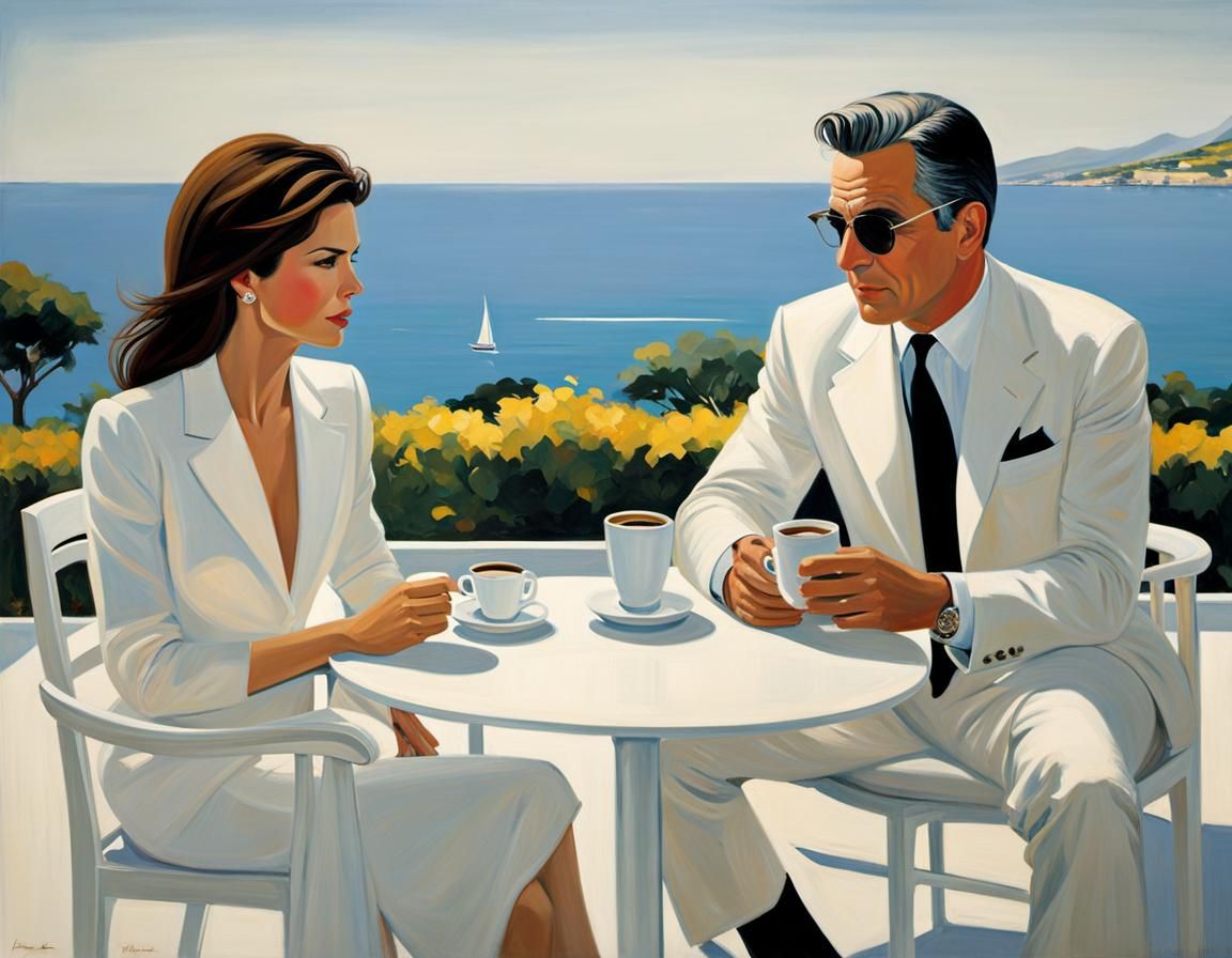 George Clooney in white suite  and sandra bullock sitting on a terrace with sea view drinking coffee