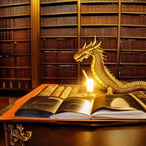 Majestic Gold Dragon Protecting Library Hoard