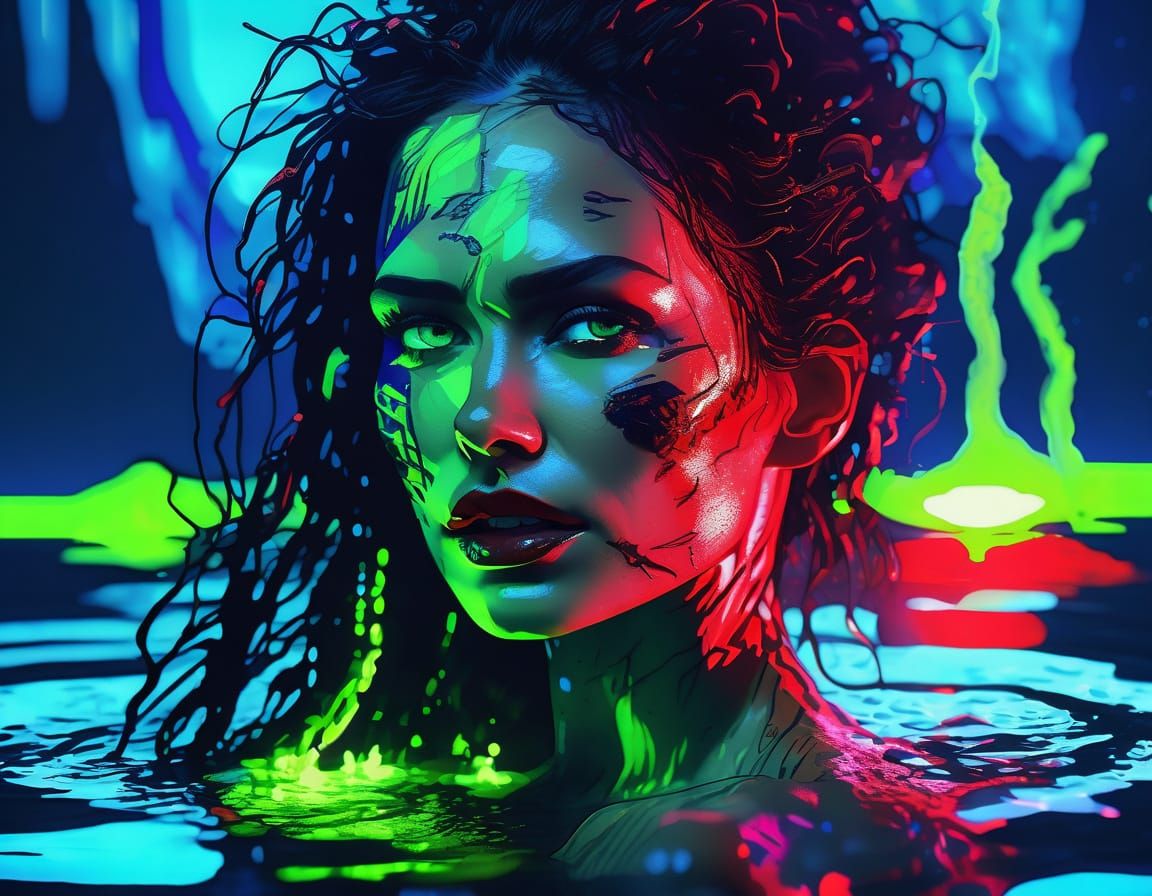 Vibrant Woman in Dark Underwater World with Neon Accents in ...