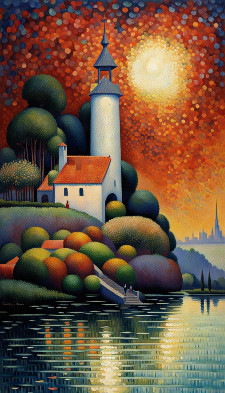 Pointillist Folk Art in Neo-Impressionist Style