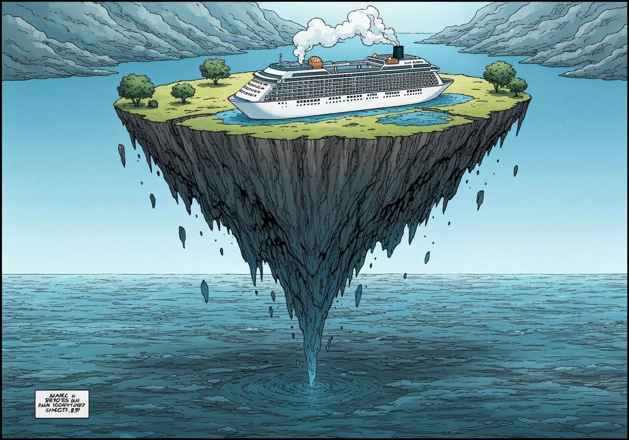 A floating island hovering over a cruise ship
