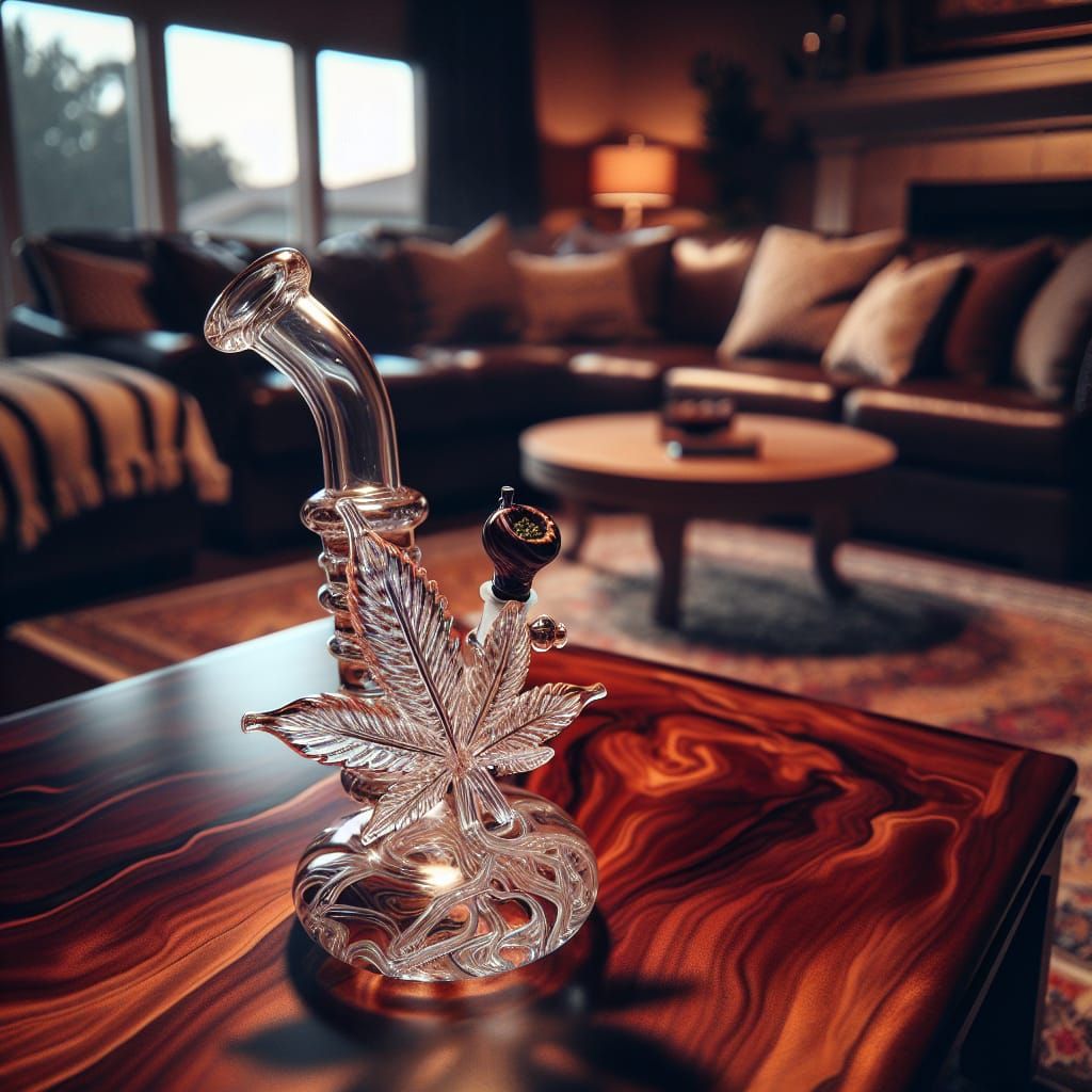 Cannabis Leaf Glass Pipe on Living Room Table