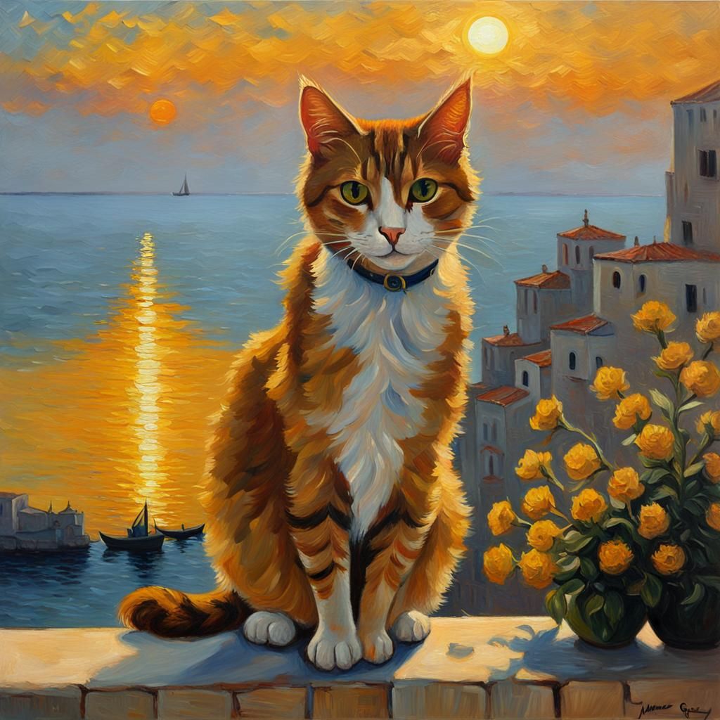 Mediterranean Cat in Van Gogh Style Sunset