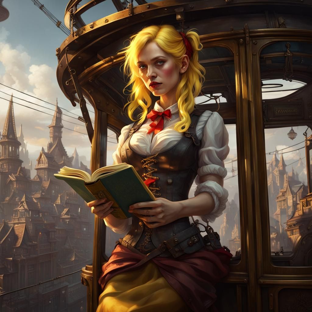 Steampunk Girl Reading in Cable Car, Detailed Digital Art