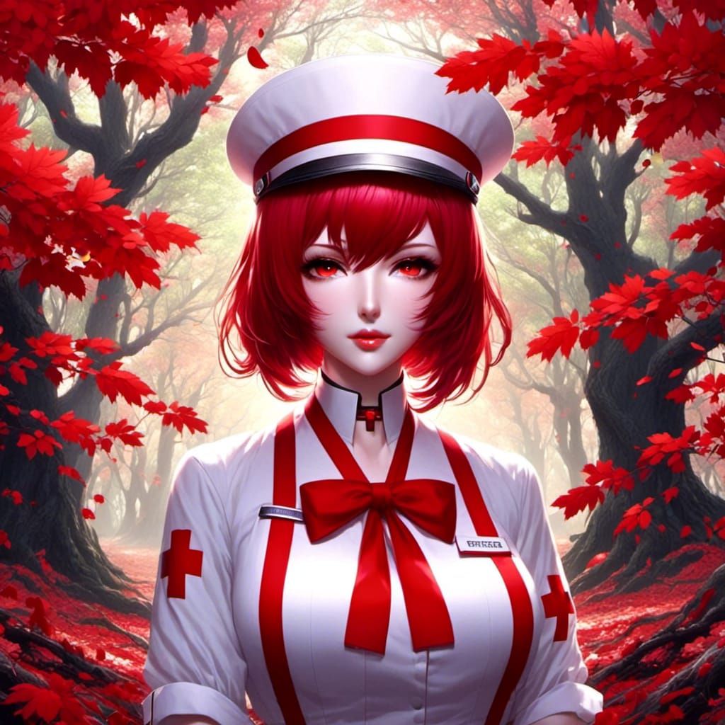 Elegant Nurse with Red Hair in Ornate Autumnal Setting