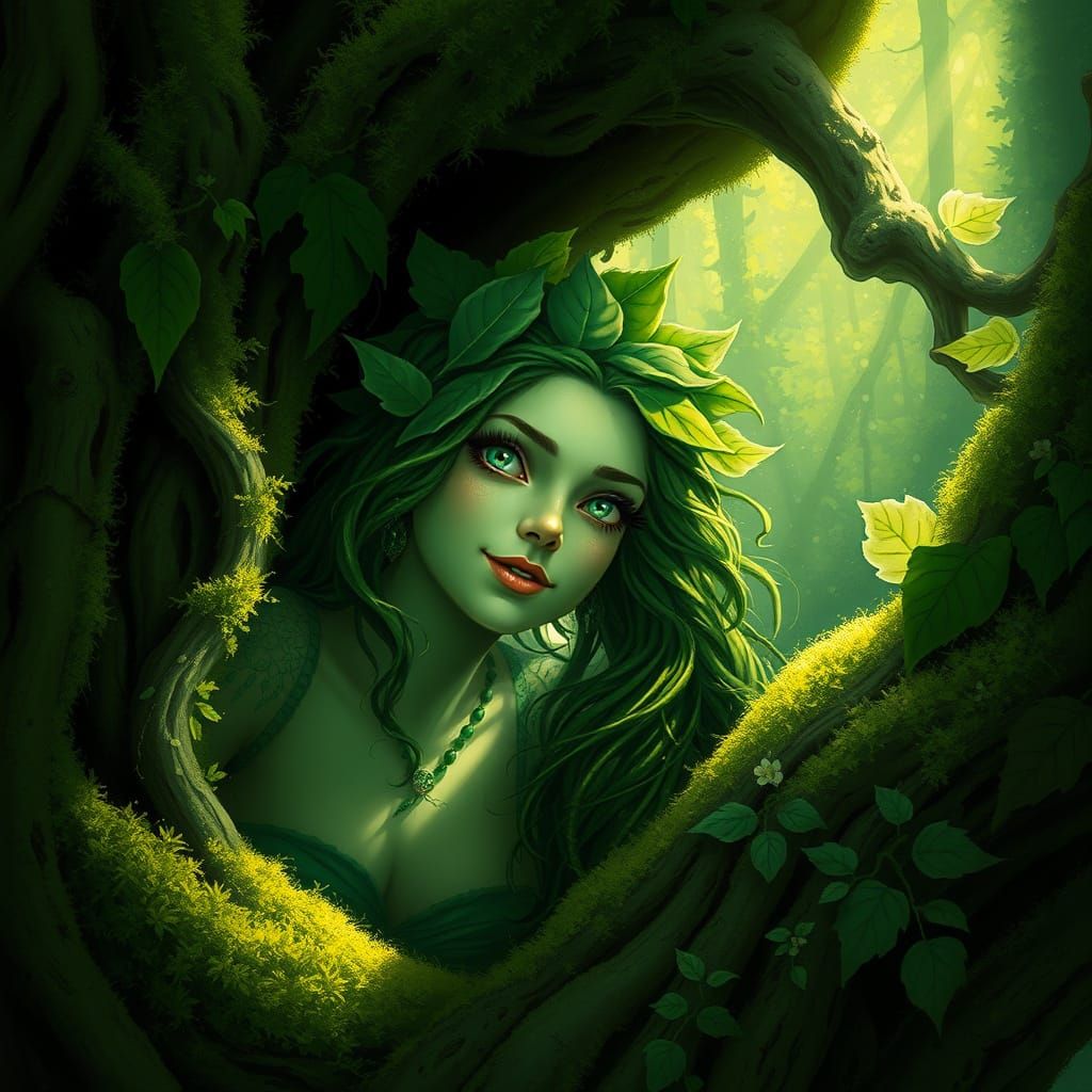 Emerald Dryad Emerges from Ancient Oak