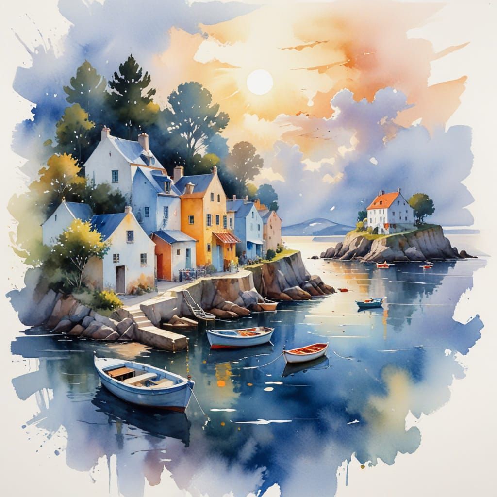 Charming Coastal Village Scene in Watercolour Style