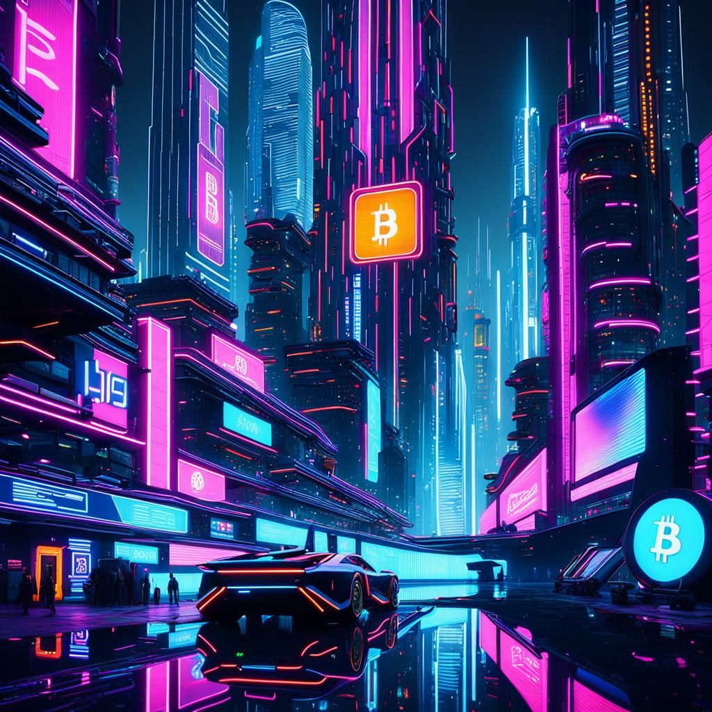Cyberpunk Cityscape with Bitcoin and Neon Lights