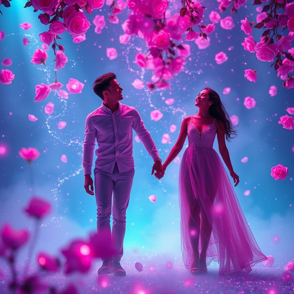 Young Couple in Iridescent Rose Garden, Futuristic Art
