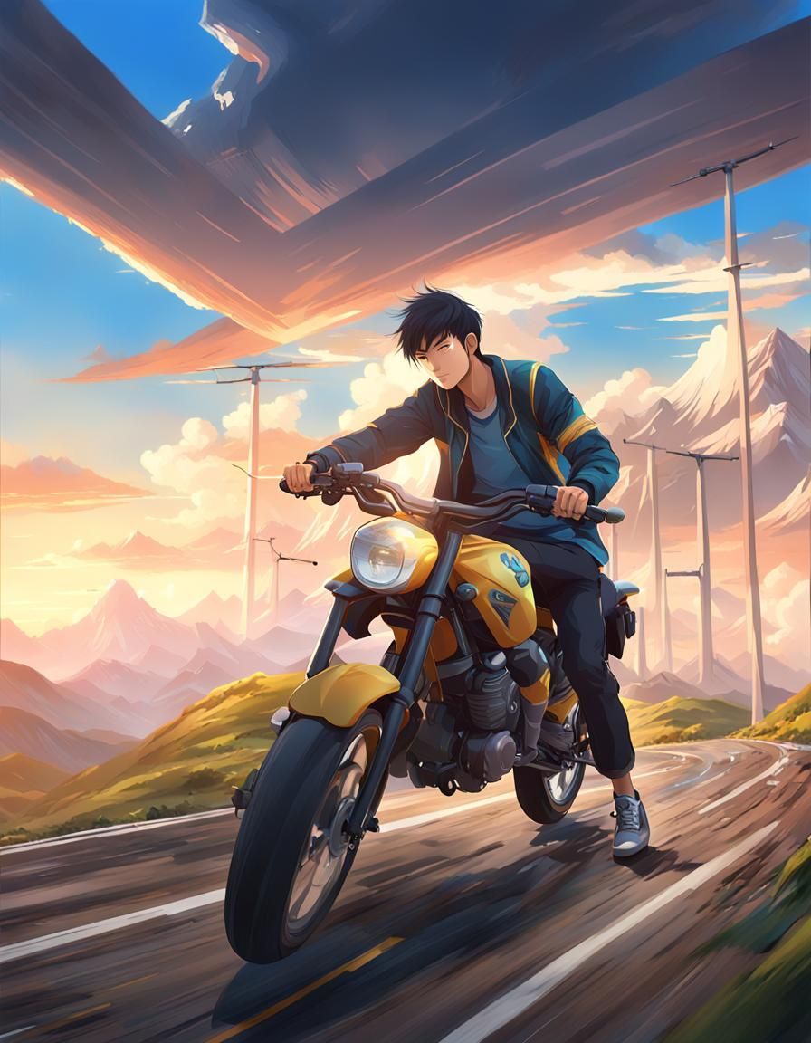 Anime-Style Asian Man on Bike with Epic Landscape