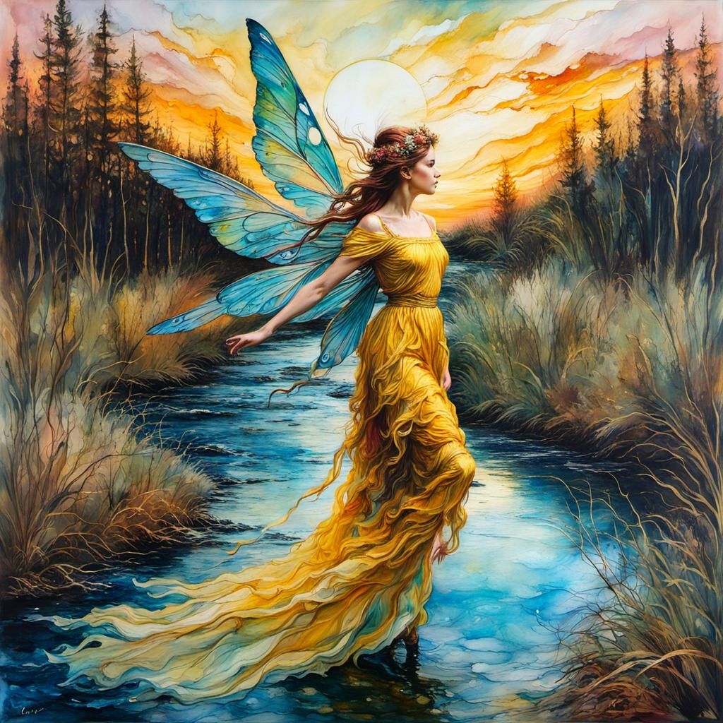 Encaustic Fairy Flies Over Creek in Sunset