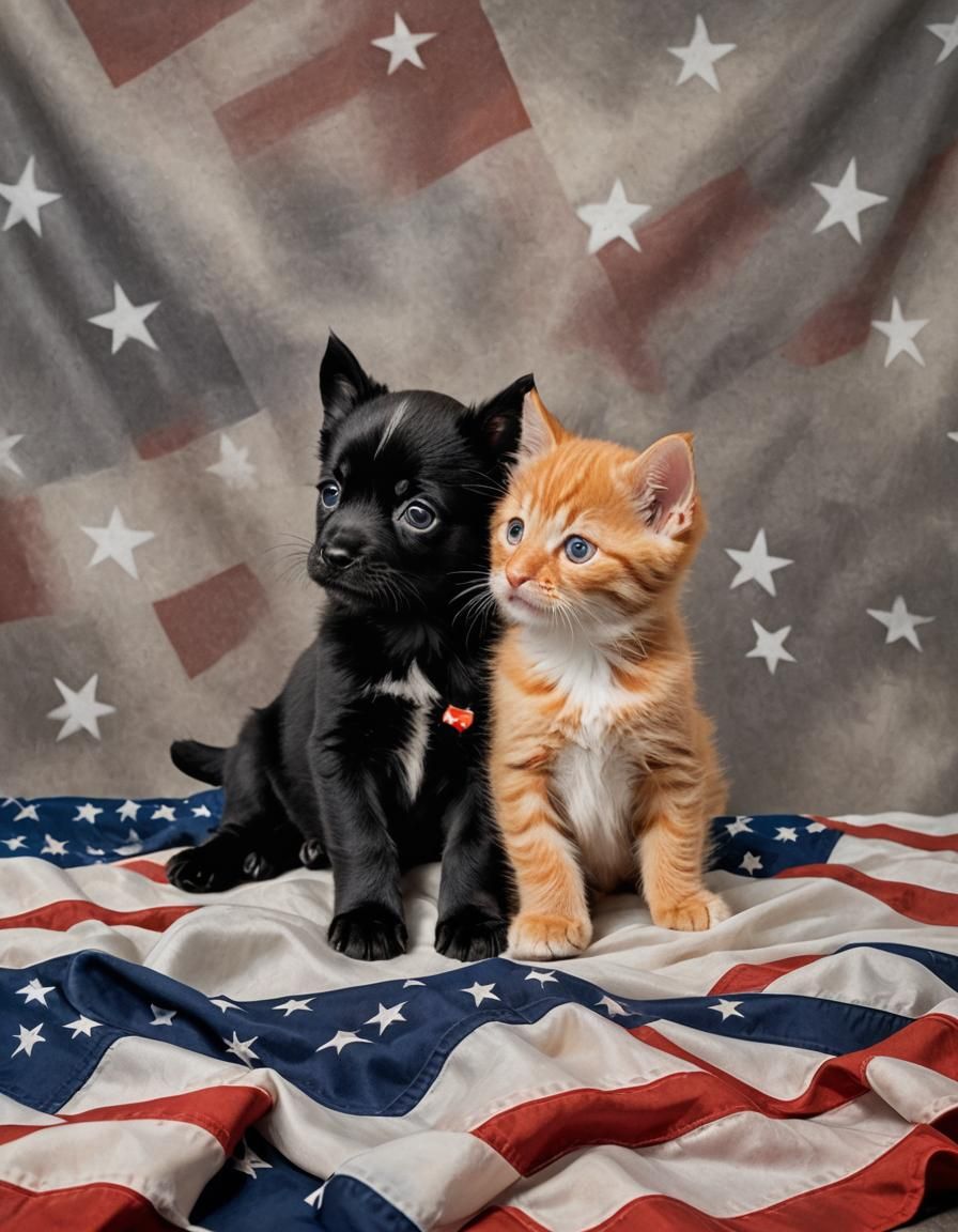 Puppy and Kitten on American Flag