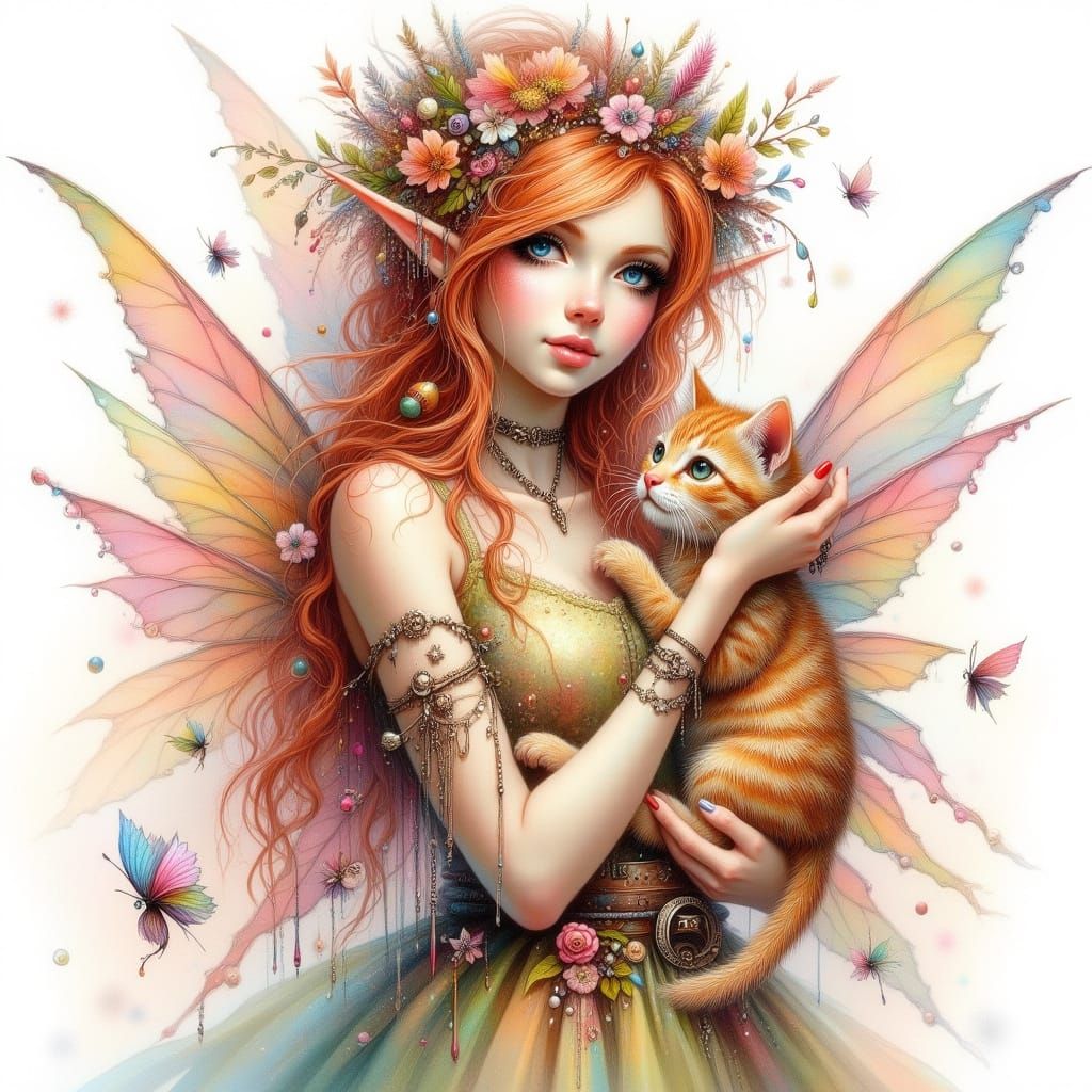 Elegant Elf Woman with Kitten in Autumnal Flowers