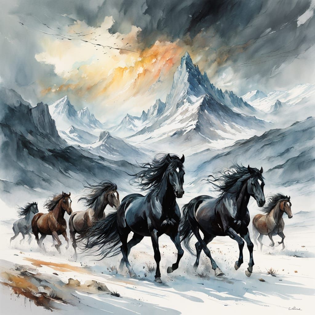 Majestic Black Horses Gallop Across Snowy Plain in Dramatic ...