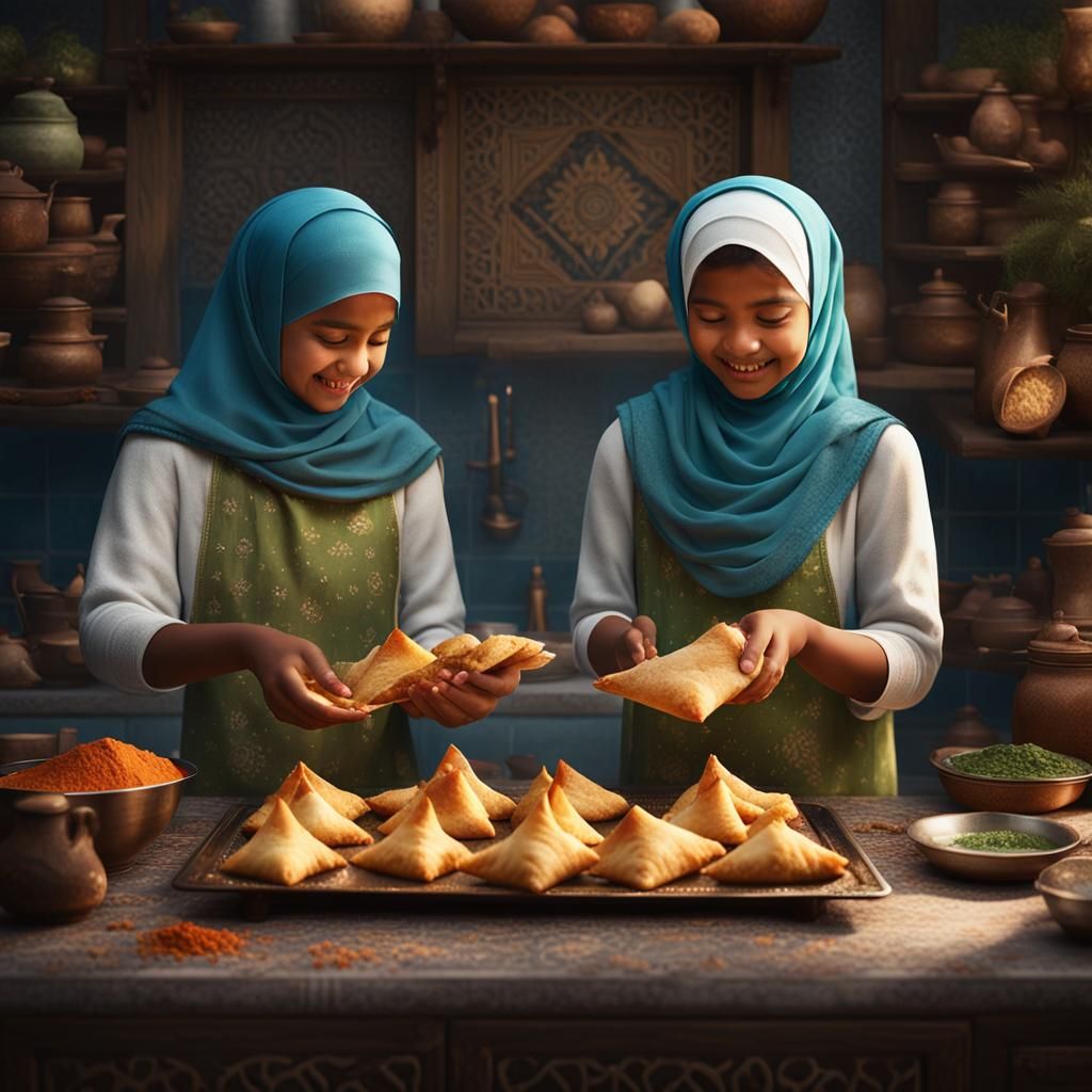 Ramadan Kitchen Scene: Muslim Girls Making Samosas