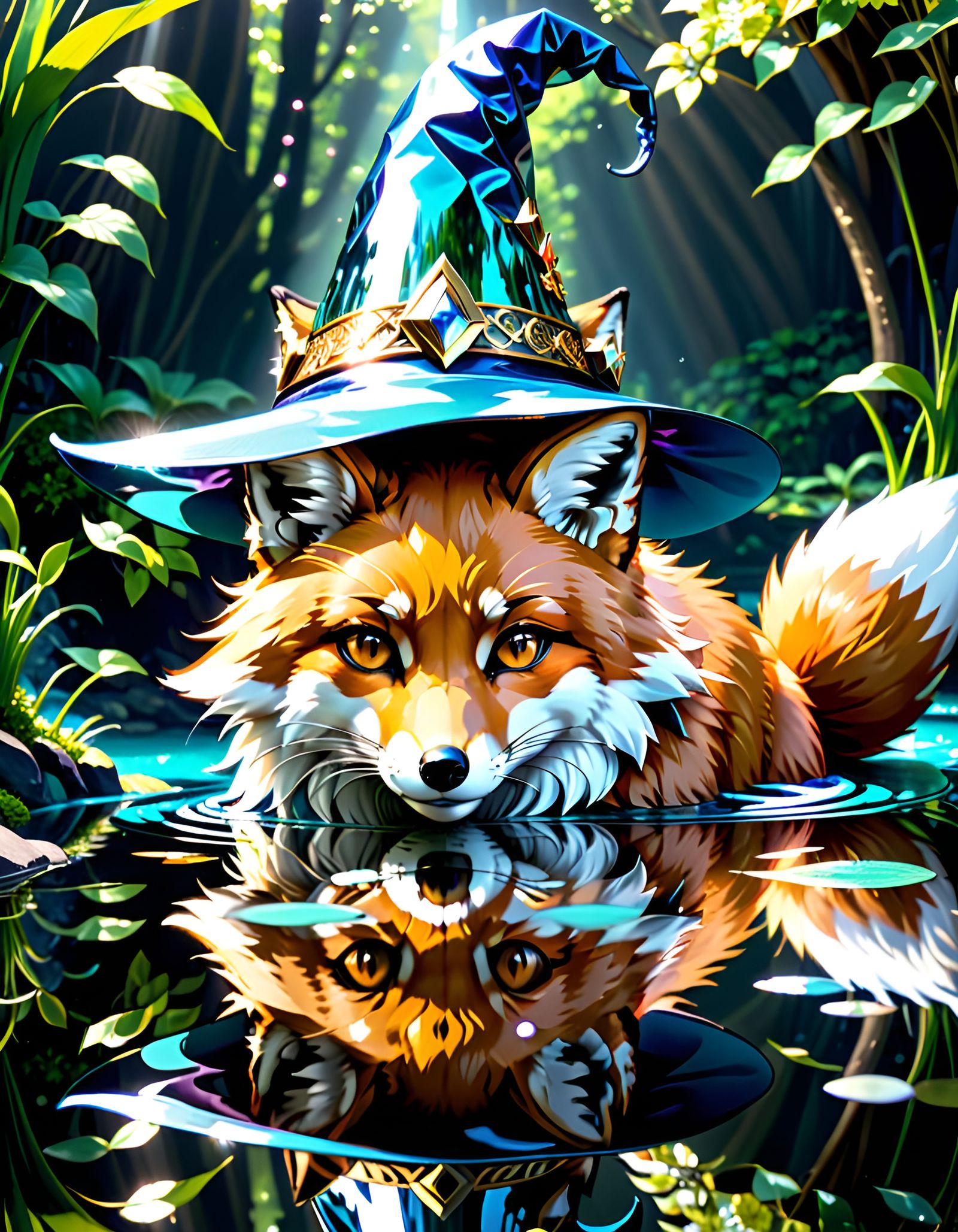 Anime Fox Wizard and Mirrored Reflection