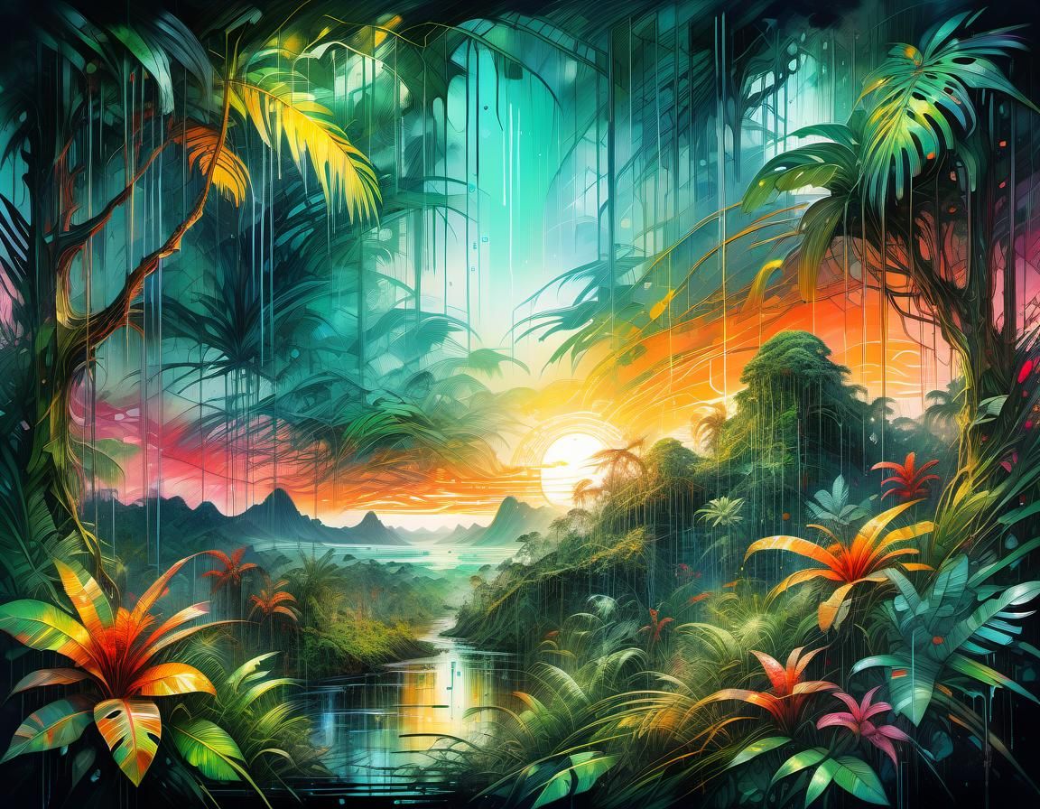 Lush Rainforest Sunset: Digital Oil Painting