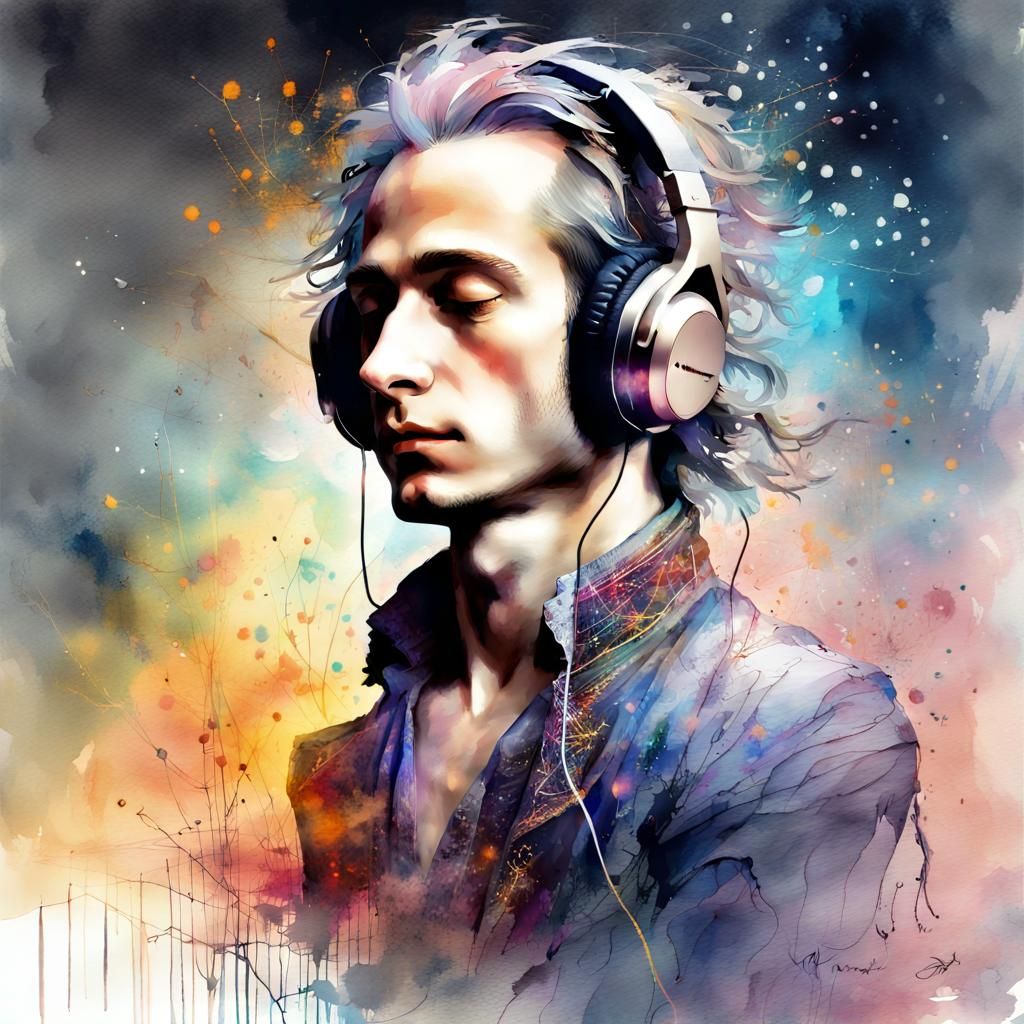 Mozart with Headphones in Digital Watercolor