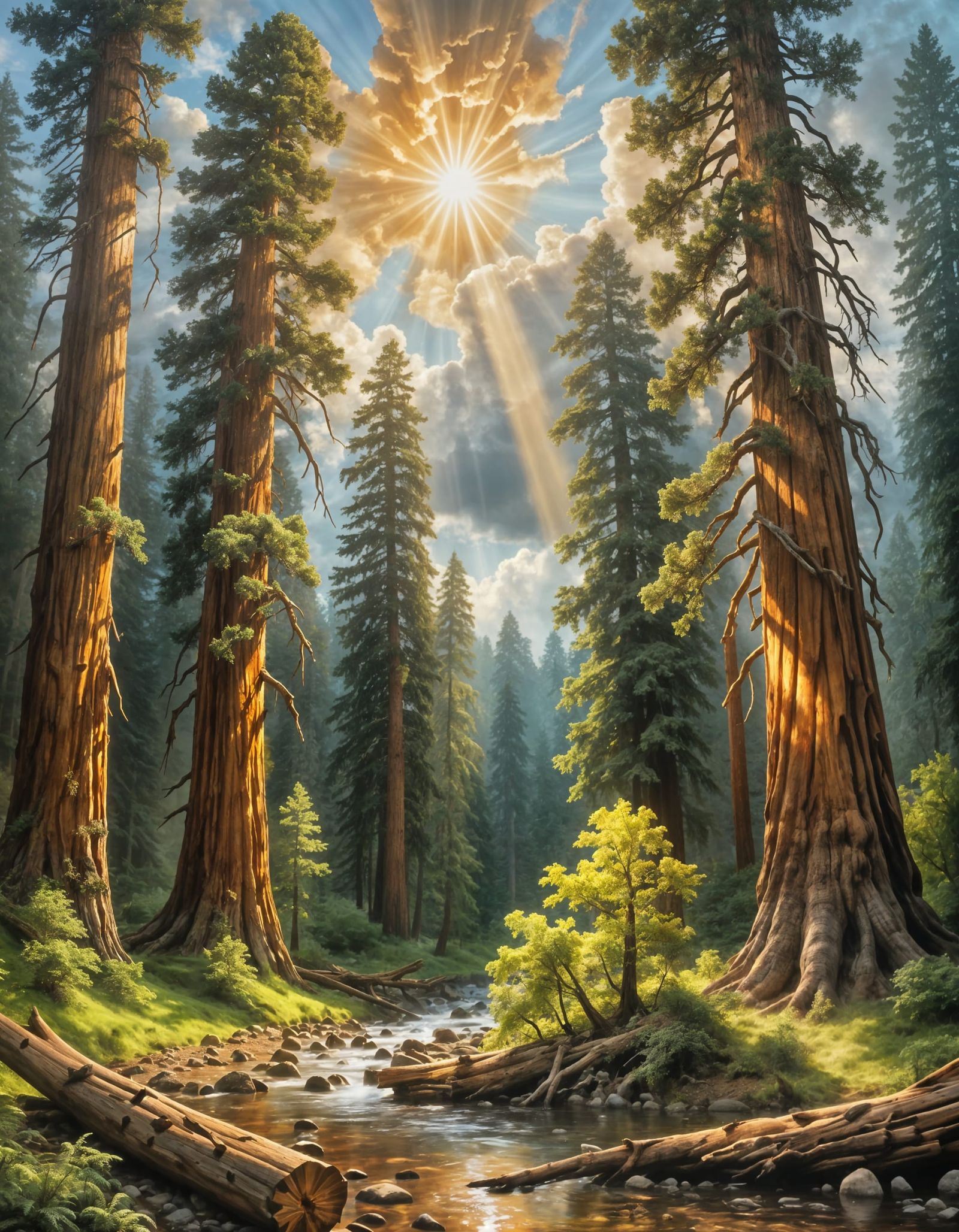 Glowing Sunset Rays Through Sequoia Trees