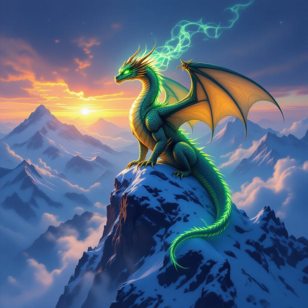 Majestic Golden Dragon on Snowy Peak at Dawn