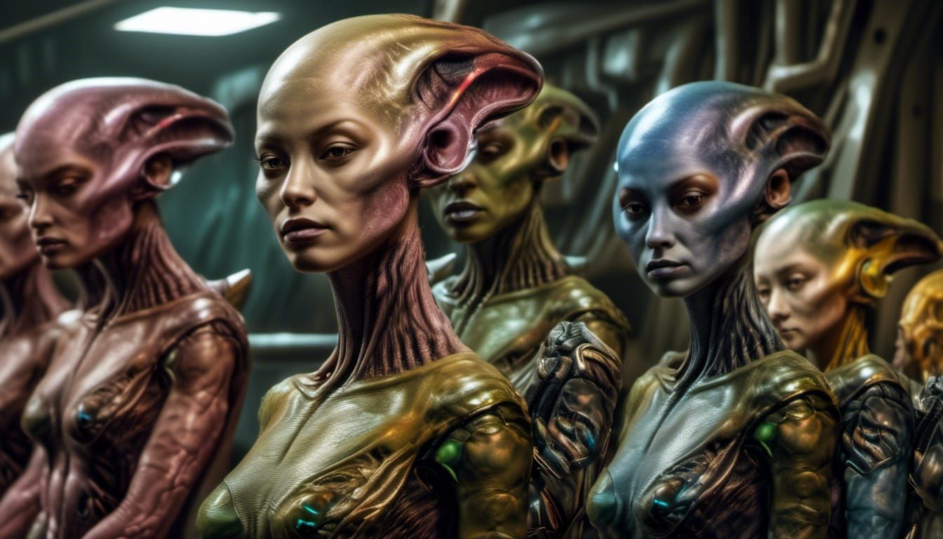 Smiling Aliens and Pets at Party in Hyperrealism