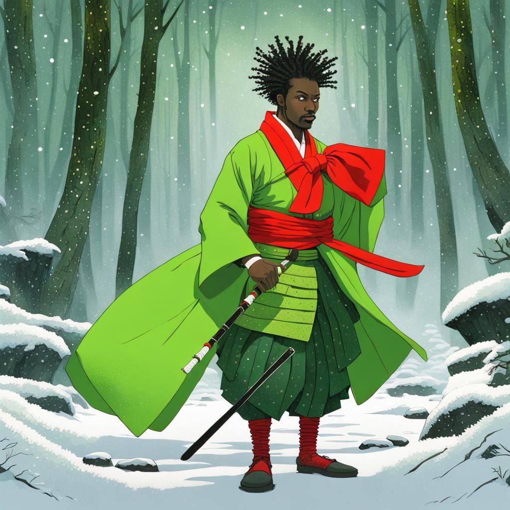African Samurai Snowman in Snowy Rainforest, Hyperdetailed F...
