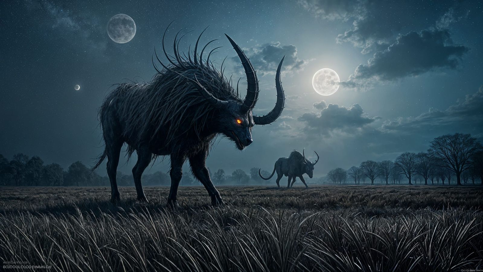 Moonlit Wheat Field with Dark Creatures