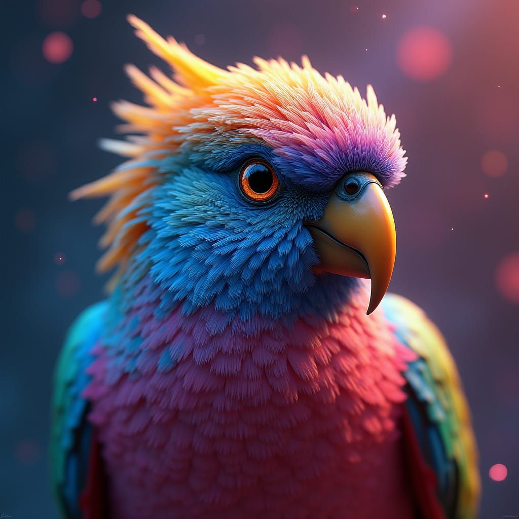 Hyperrealistic Gaileybird in Iridescent Dreamscapes