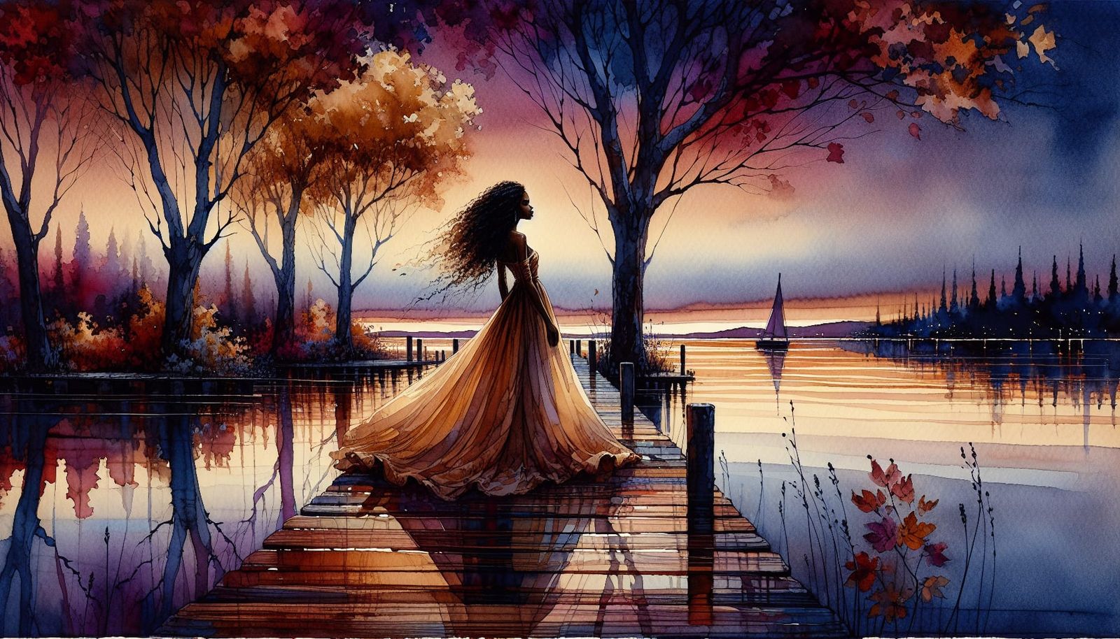 Woman on Pier Surrounded by Autumn Trees in Watercolor