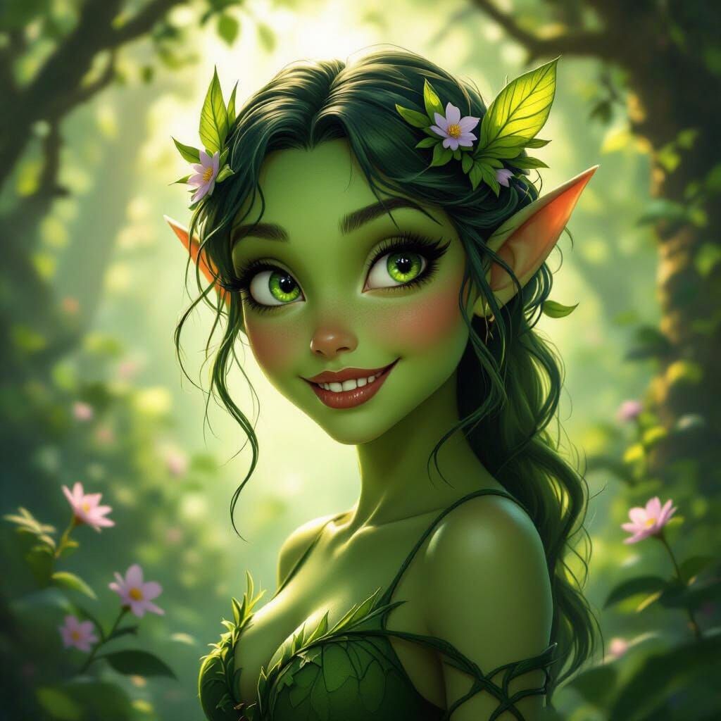 Enchanted Forest Nymph with Sharp Fangs in Ethereal Glow