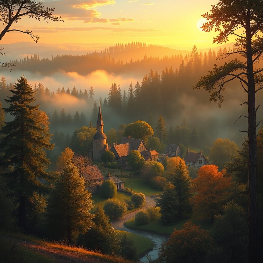 Village in Golden Sunrise Glow