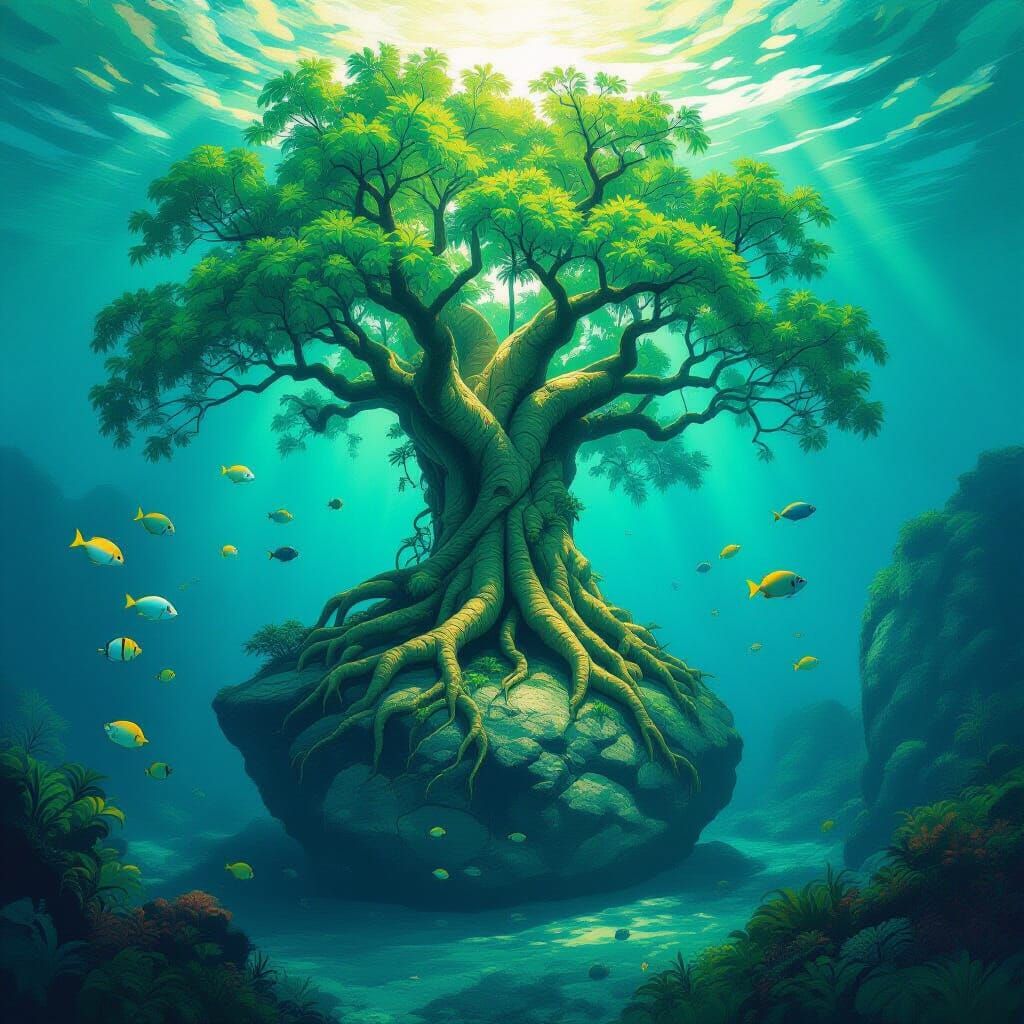 Underwater Jungle Tree Dreamscape in Digital Art Style