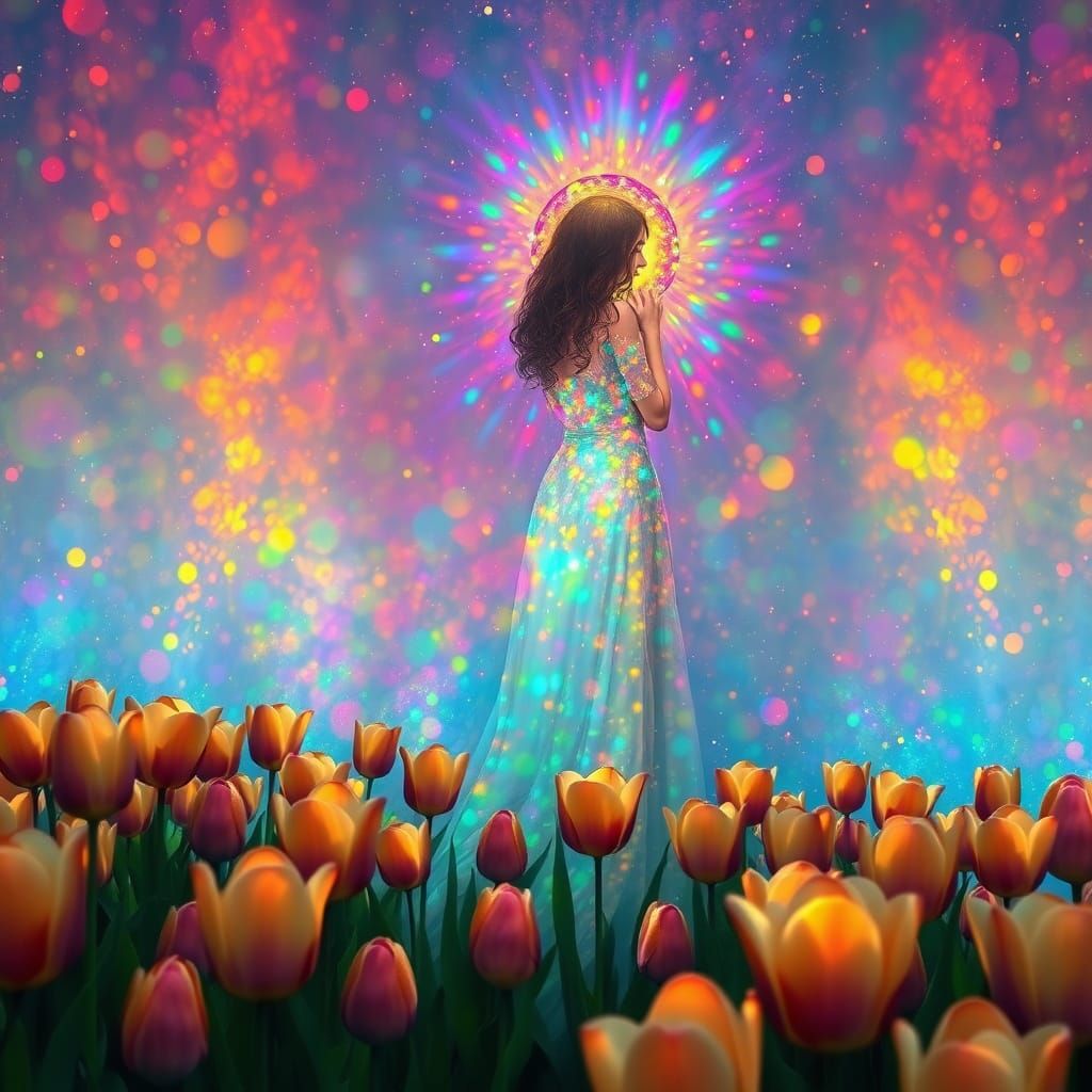 Luminous Goddess Among Iridescent Tulips