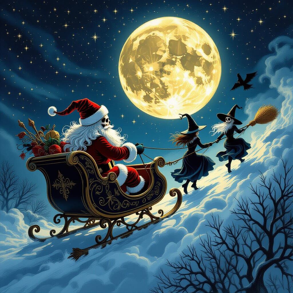 Skeletal Santa Claus in Starry Night Gothic Style