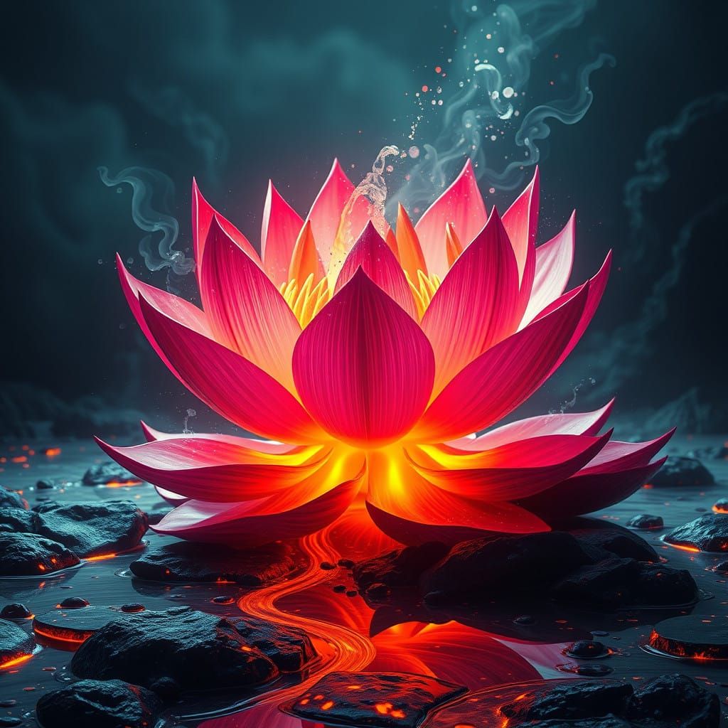 Surreal Lava Lotus Blooms in Vibrant Fantasy Realm