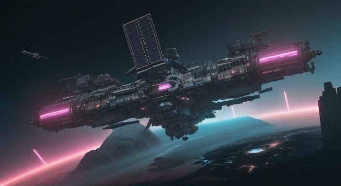 Cyberpunk Space Station Orbiting Asteroid