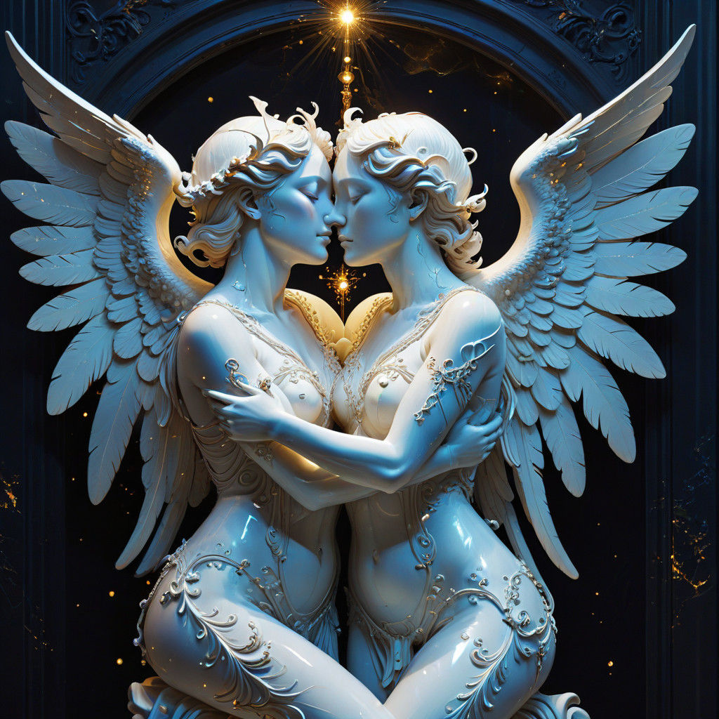 Black Light Marble Statue of Two Angels in Ethereal Glow