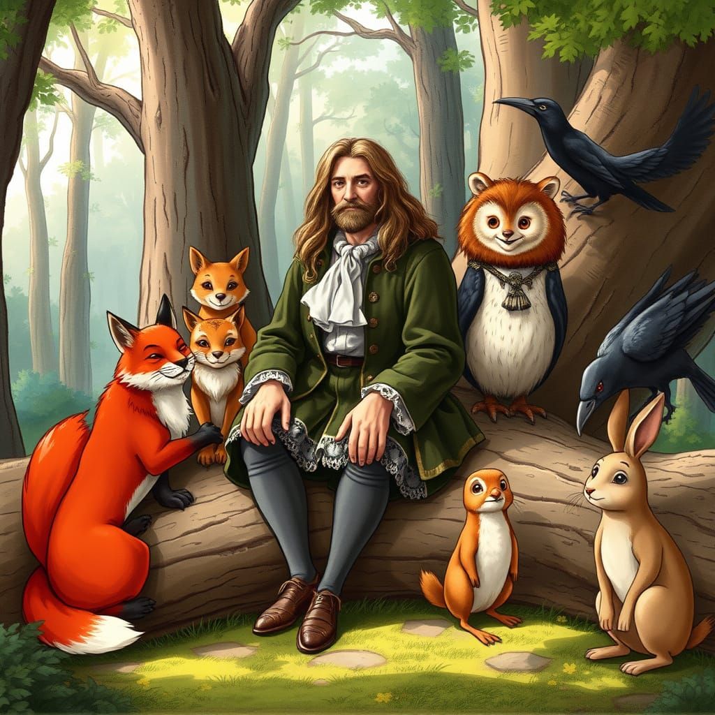 Fables of La Fontaine in Whimsical Forest Scene