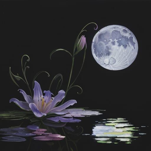Impressionist Lily Floats Towards Luminous Moon
