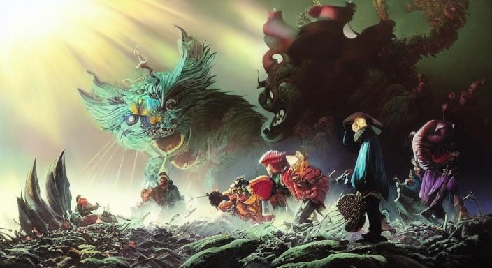 Japanese Folklore Creatures in Dark Fantasy Style