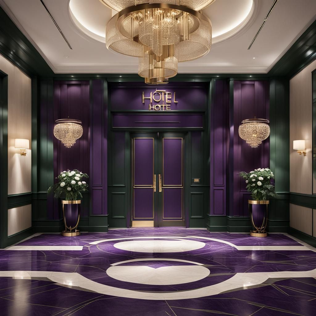 Luxury Hotel Entrance in Purple and Green
