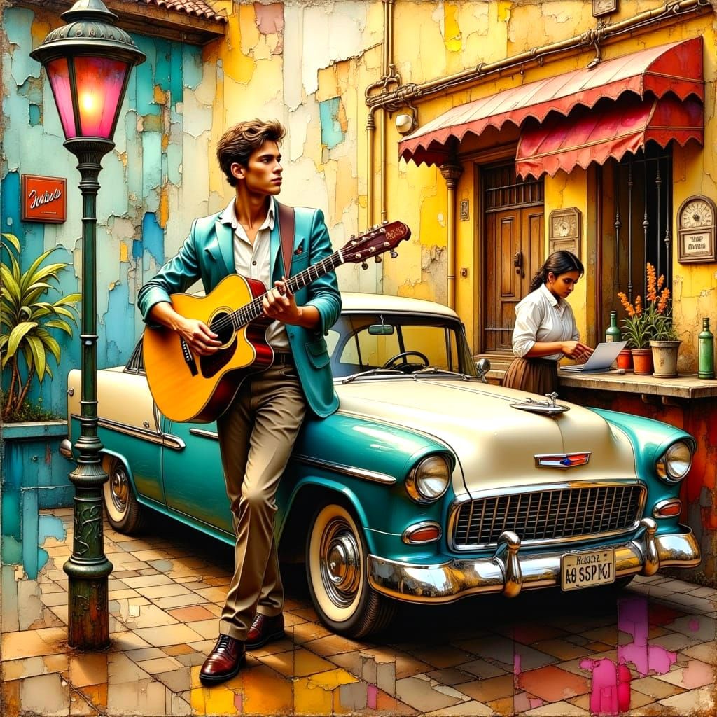 Zanzibar Scene with Cuban Cars and Jazz in Pastel