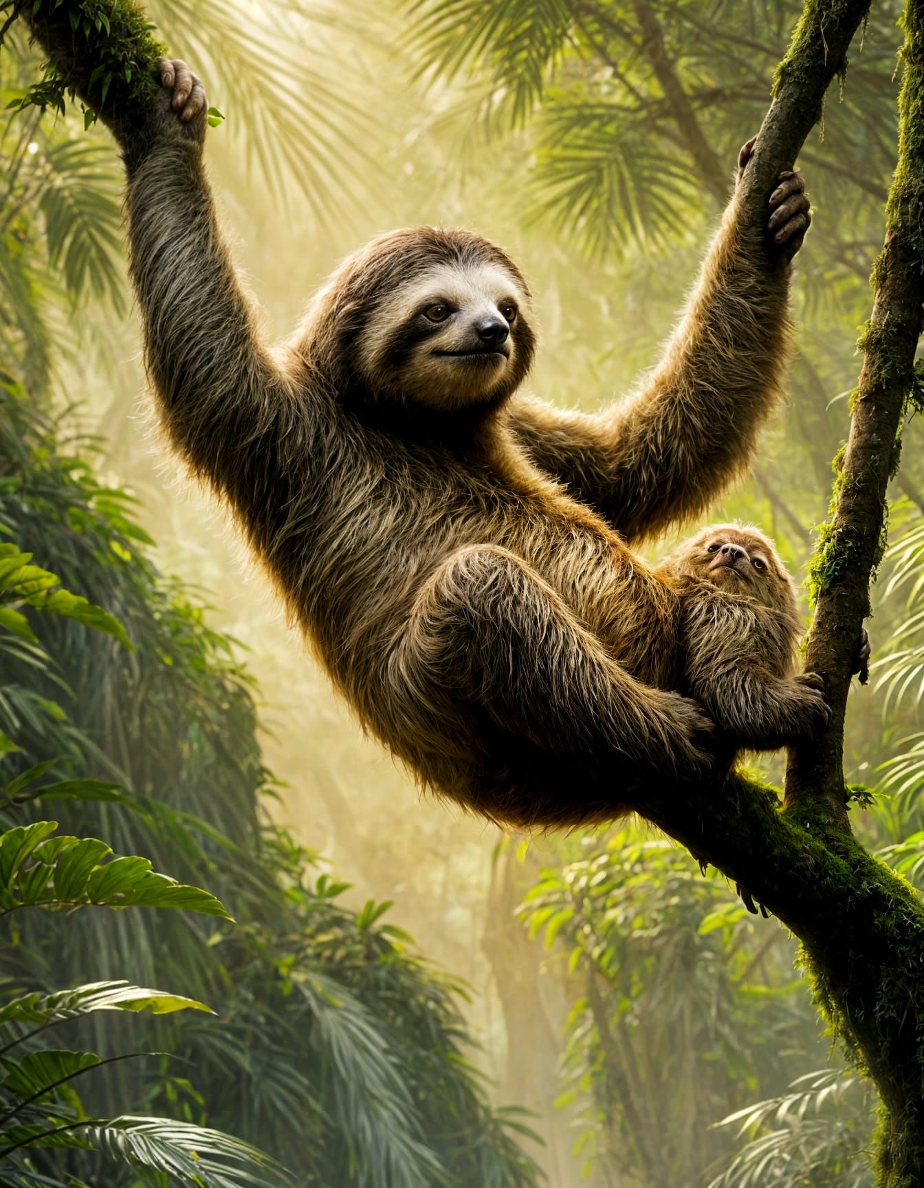Sloth Resting on Jungle Branch at Dawn in Dreamlike Realism