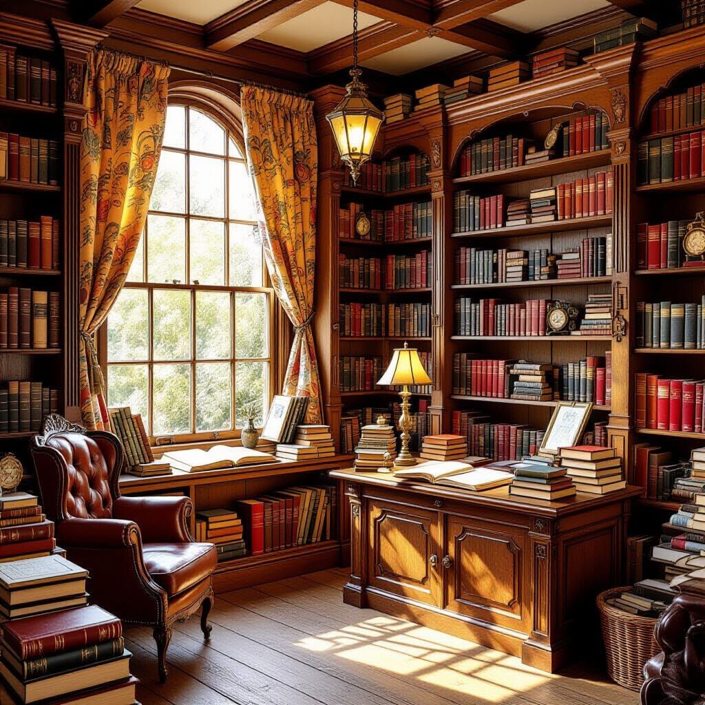 Quaint Bookshop with Vintage Novels in Watercolour Style