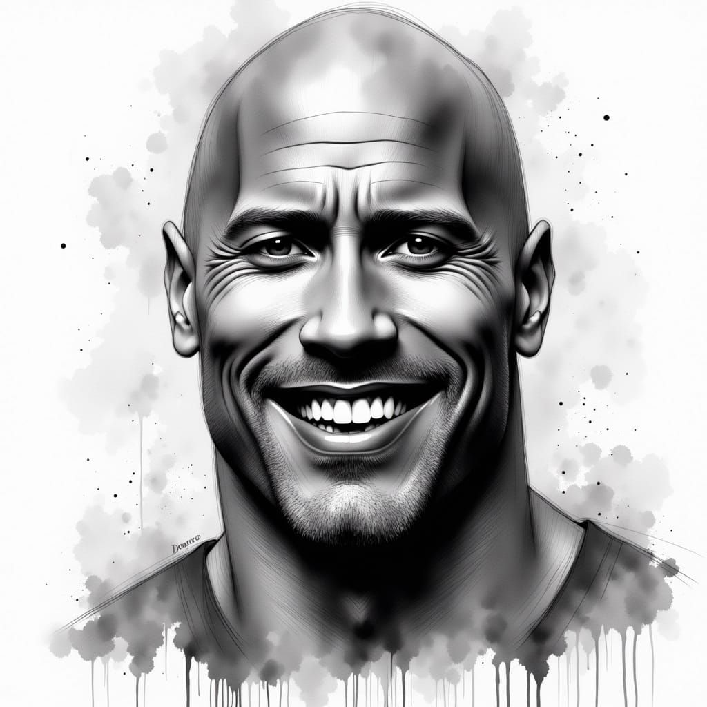 Dwayne Johnson Charcoal Caricature in Black and White